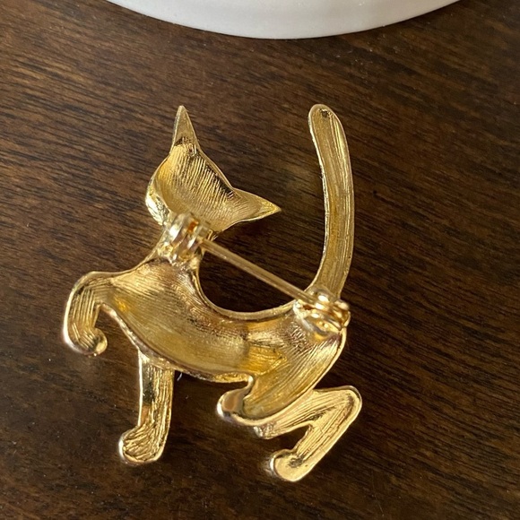 Vintage Prancing Gold Tone Kitty Cat Rhinestone Brooch Pin Sparkly Retro Kitten - Picture 4 of 6